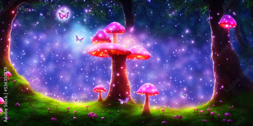 Magical fantasy mushrooms in enchanted fairy tale dreamy elf forest ...