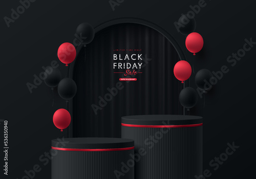 Realistic 3D black, red cylinder stand podium with dark curtain in arch window and balloon. Black friday sale concept, Vector abstract minimal scene products round stage showcase, Promotion display.