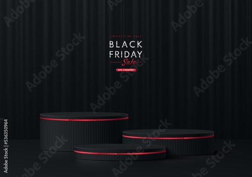 Realistic 3D black, red steps cylinder pedestal podium set with dark curtains background. Black friday sale concept, Vector abstract minimal wall scene for products stage showcase, Promotion display.
