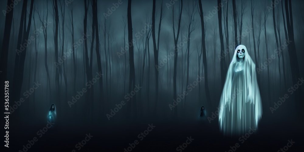 A horror concept of a ghostly woman in a dress. Haunting a forest road on a spooky winters night. With a grunge, textured edit.. High quality Illustration