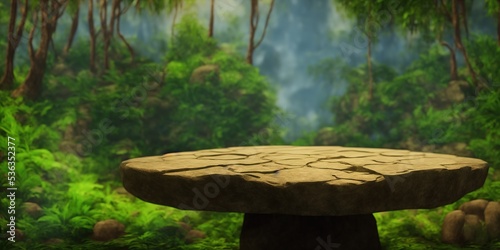 Empty rock table for product display in jungle of Tasmania, Australia. Nature product advertisement concept.. High quality Illustration