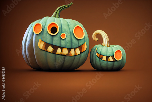 Halloween pumpkin and little green monster, funny 3d illustration