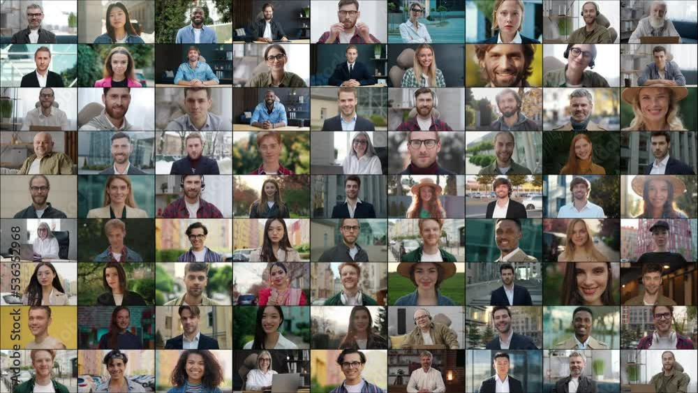 Group of diverse people having an online video conference looking at webcam. People join distance virtual meeting using the application and communicate remotely