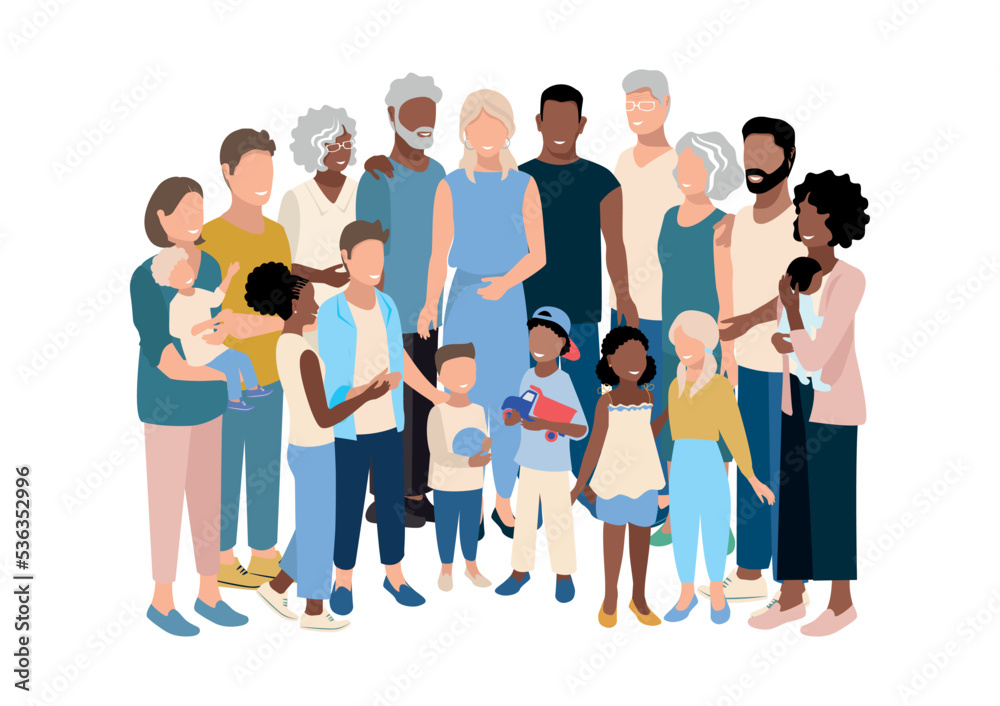 Happy big family spending time together. Family day. Vector illustration in a flat style.