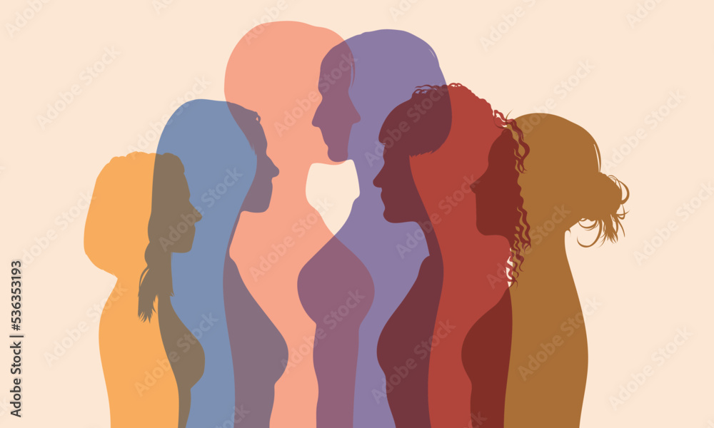 Friendship. Information and communication between multi-ethnic and multi-racial women and girls. Female diversity and head face profile. Friendship. Information and communication between multi-ethnic and multi-racial women and girls. Female diversity and head face profile.