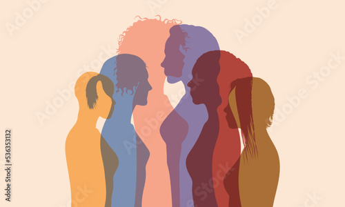 Female community or social network. Group of diverse and multicultural women. The concept of racial equality. Sharing, talking, and allies between women.