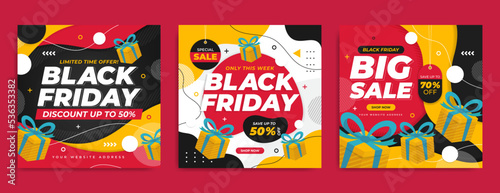 Black friday sale promotion social media post template. Fashion brand marketing banner or flyer with realistic gift box & abstract background. Luxury cover or poster for black friday online business. 