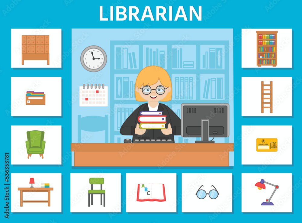 Educational game for children. Educational cards. Professions. Librarian and library equipment. Preschool workbook. Vector illustration Educational game for children. Educational cards. Professions. Librarian and library equipment. Preschool workbook. Vector illustration