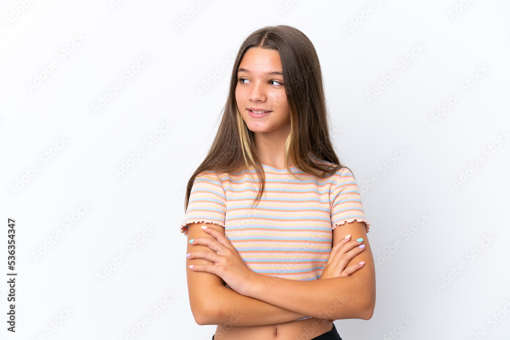 Obraz premium Little caucasian girl isolated on white background looking to the side