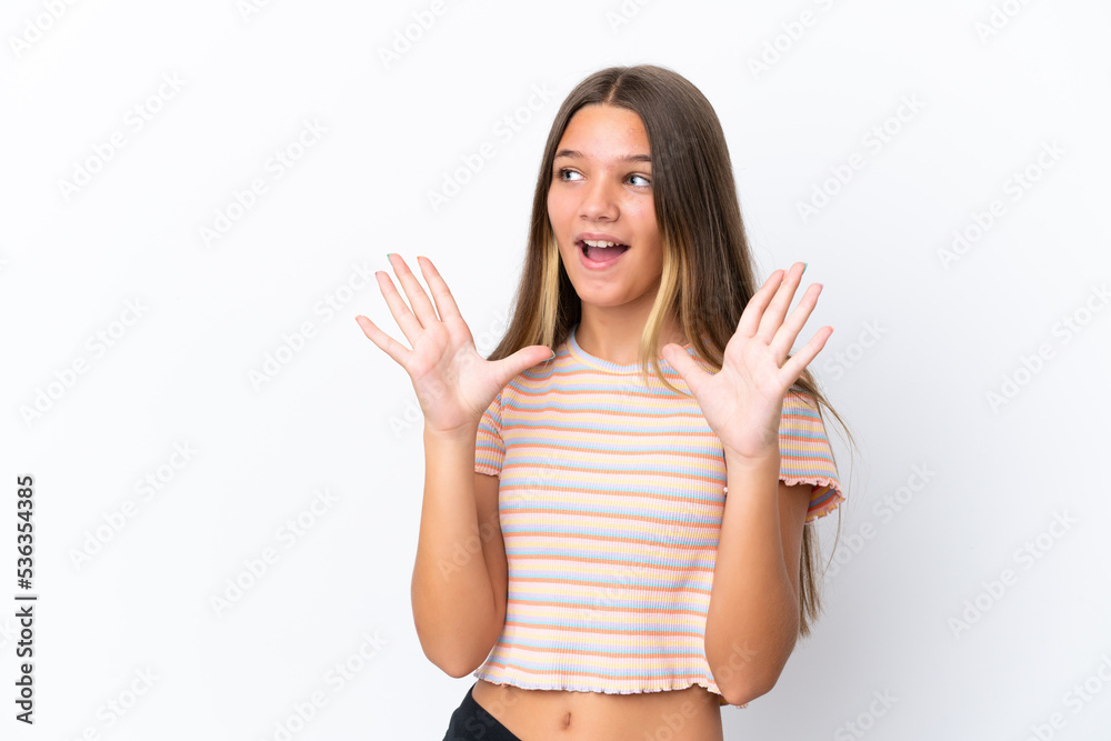 Little caucasian girl isolated on white background with surprise facial expression Little caucasian girl isolated on white background with surprise facial expression