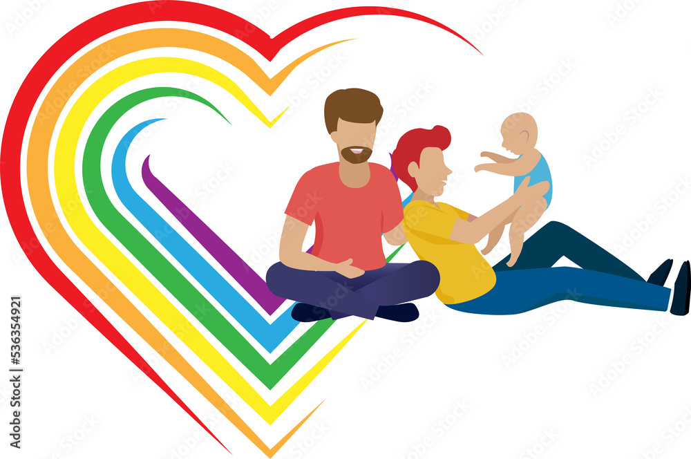 LGBT gay family holding adopted baby with love and LGBT rainbow color in heart shape. LGBTQ family, transgender parent, adopted child and pride month concept. LGBT gay family holding adopted baby with love and LGBT rainbow color in heart shape. LGBTQ family, transgender parent, adopted child and pride month concept.
