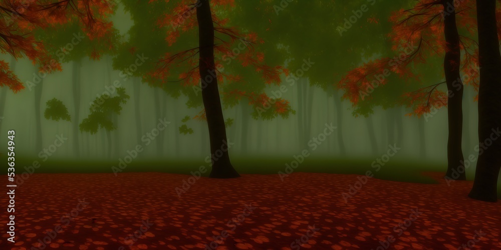 Forest mist in autumn woods. Forest trees in nature mist. High quality Illustration