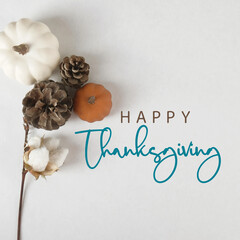 Rustic modern thanksgiving flat lay background with text for holiday greeting.