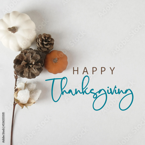Rustic modern thanksgiving flat lay background with text for holiday greeting.