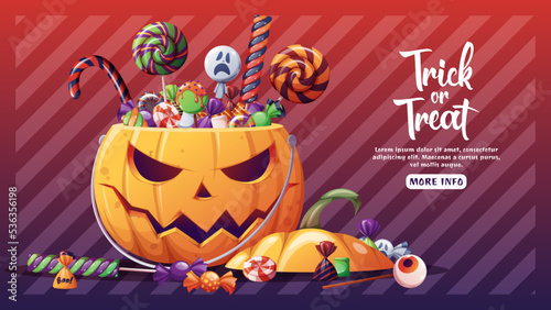 Halloween banner with orange pumpkin and sweets. Trick or treat. Web banner, poster, advertising, background, flyer, holiday card. Cartoon vector illustration