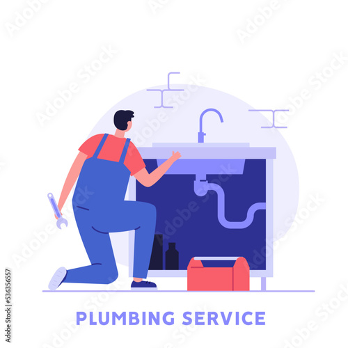 Plumber repairing sink pipe. Call master fixing heater, pipes. Professional engineers check the boiler. Concept of plumbing service, home master, handyman. Vector illustration flat cartoon design