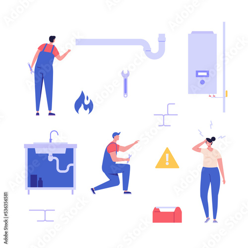 Plumber repairing sink pipe. Call master fixing heater, pipes. Expert engineers check the boiler. Collection of plumbing service, home master, handyman. Vector illustration set cartoon design