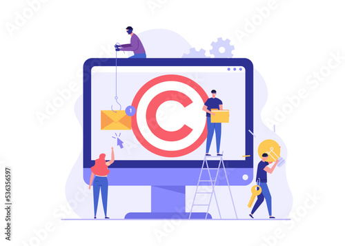 Concept of stealing idea, plagiarism, intellectual property piracy, illegal content. Thief in black mask stealing privacy idea with copyright. Vector illustration in flat design for web banner, UI