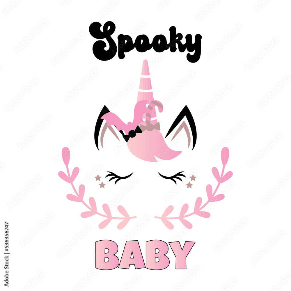 Pink Halloween unicorn and Spooky Baby cute inscription. Pink Halloween Party. Vector illustration.