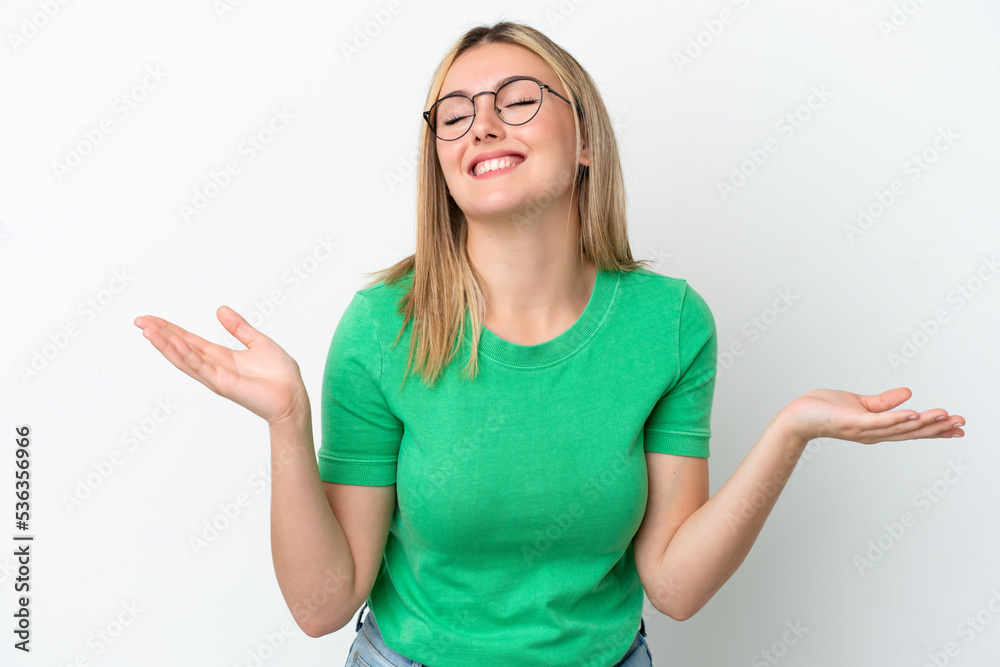 Young caucasian woman isolated on white background smiling a lot Young caucasian woman isolated on white background smiling a lot