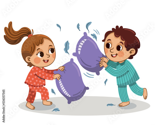 A girl and a boy are having a pillow fight. Vector illustration.
