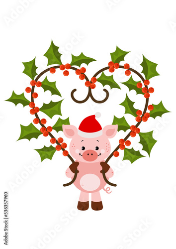 Christmas pig holding a holly garland