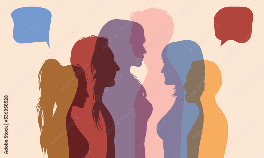 Interethnic dialogue. Crowd to communicate. Social networking concept. Vector illustration of diverse people in a large isolated profile talking.