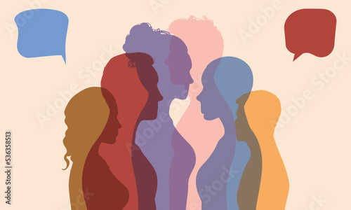 People communicating between each other. A discussion group of diverse individuals. A crowd of people speaking and vector cartoon characters.