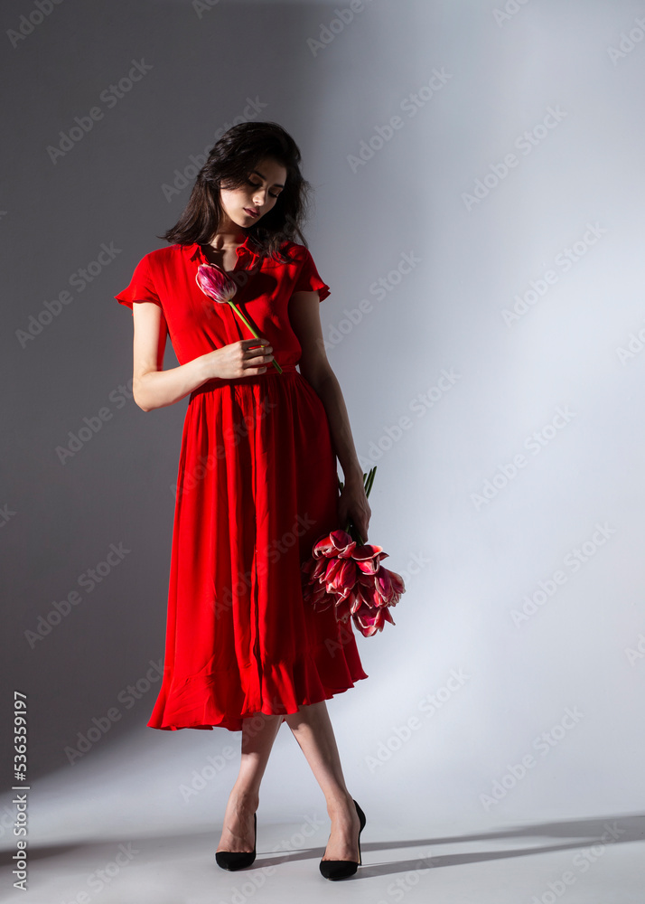 Elegant brunette woman in red dress holding a beautiful red tulips, isolated grey background.
