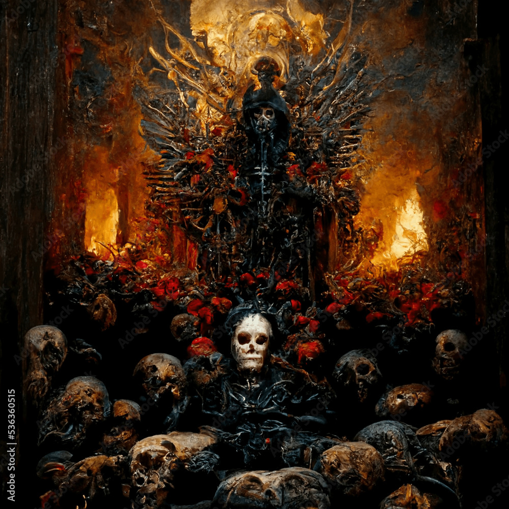 War abstract throne with a skeleton sitting on it, some skulls around it and fire in the background. War abstract throne with a skeleton sitting on it, some skulls around it and fire in the background.