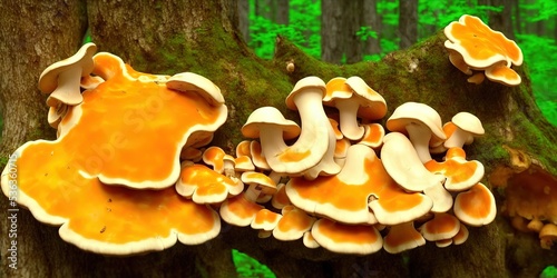 Mushroom Laetiporus sulphureus (crab-of-the-woods, sulphur polypore, sulphur shelf, and chicken-of-the-woods). Young specimens are edible and tasty. Pocket knife stuck next to mushroom.. High quality photo