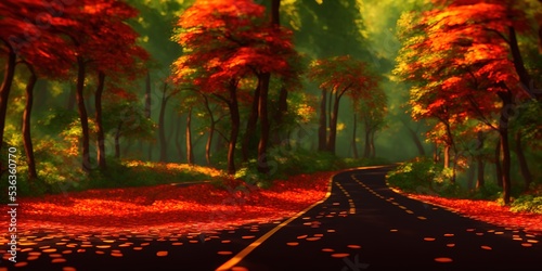 The road through the autumn forest with fallen leaves. Road in forest. Forest road landscape. Forest road way. High quality Illustration