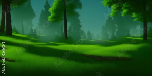 landscape with path in dark green fir forest. High quality Illustration