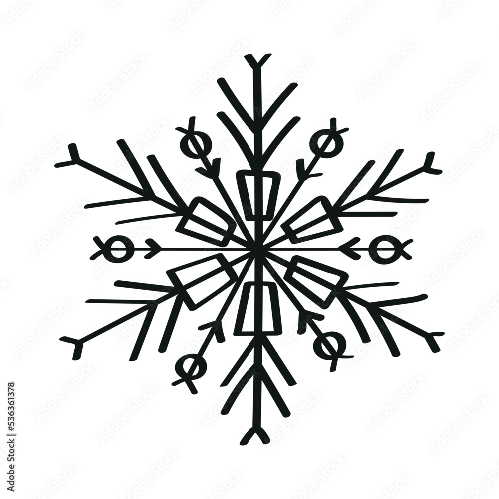 Monochrome illustration of snowflake in sketch style. Hand drawings in art ink style. Black and white graphics. Monochrome illustration of snowflake in sketch style. Hand drawings in art ink style. Black and white graphics.