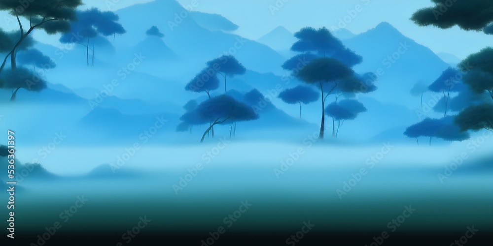 Landscape with blue misty forest trees. Traditional oriental ink painting sumi-e, u-sin, go-hua. Hieroglyphs - peace, tranquility, clarity, zen.. High quality Illustration