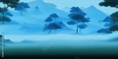 Landscape with blue misty forest trees. Traditional oriental ink painting sumi-e  u-sin  go-hua. Hieroglyphs - peace  tranquility  clarity  zen.. High quality Illustration