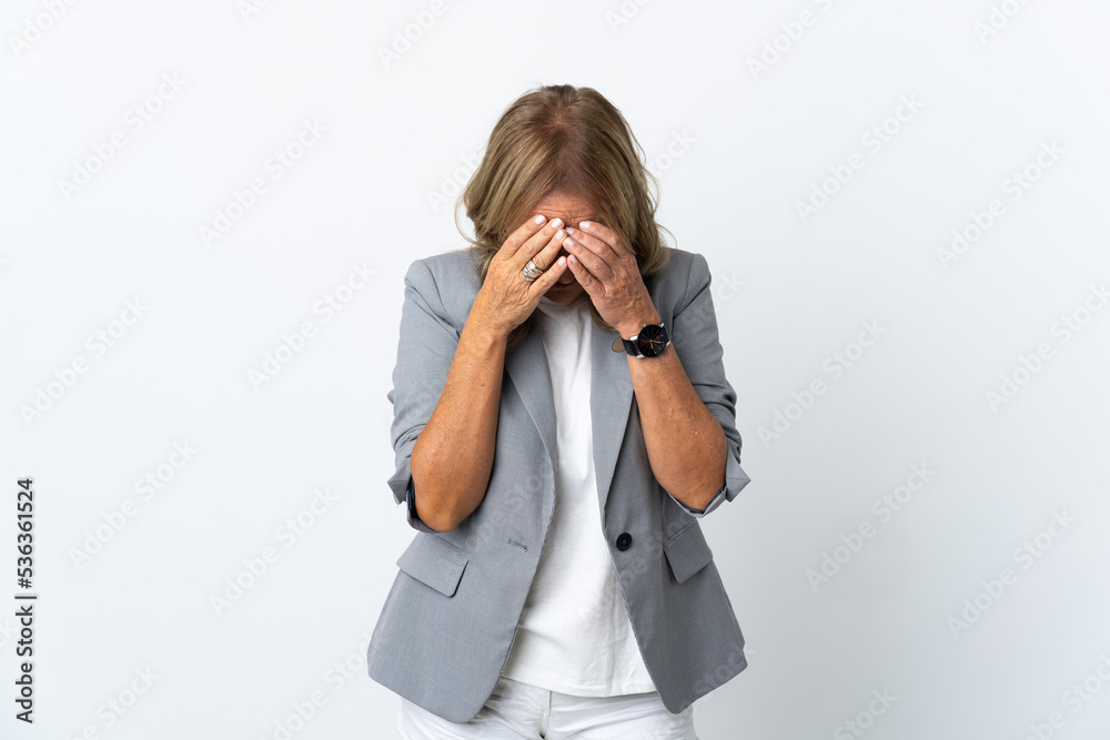 Middle aged business woman over isolated white background with tired and sick expression Middle aged business woman over isolated white background with tired and sick expression