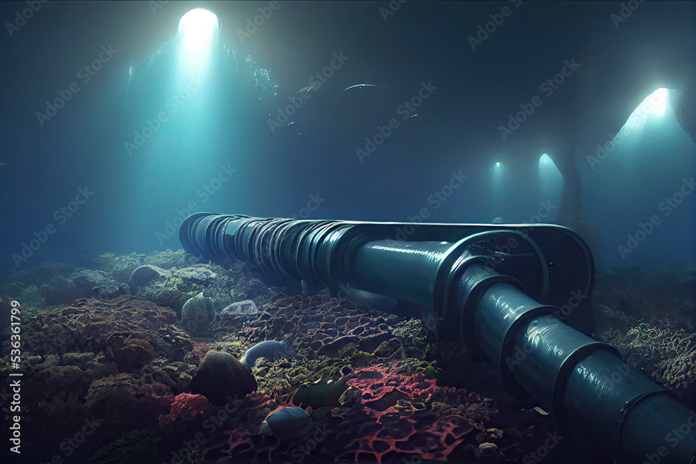 Underwater view of gas pipeline in the north sea. The risk of climate ...