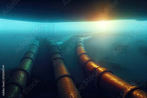 Underwater view of gas pipeline in the north sea. The risk of climate change and the pollution of the sea in Europe. Oil, and gas pipelines on the sea floor. 3D digital illustration.