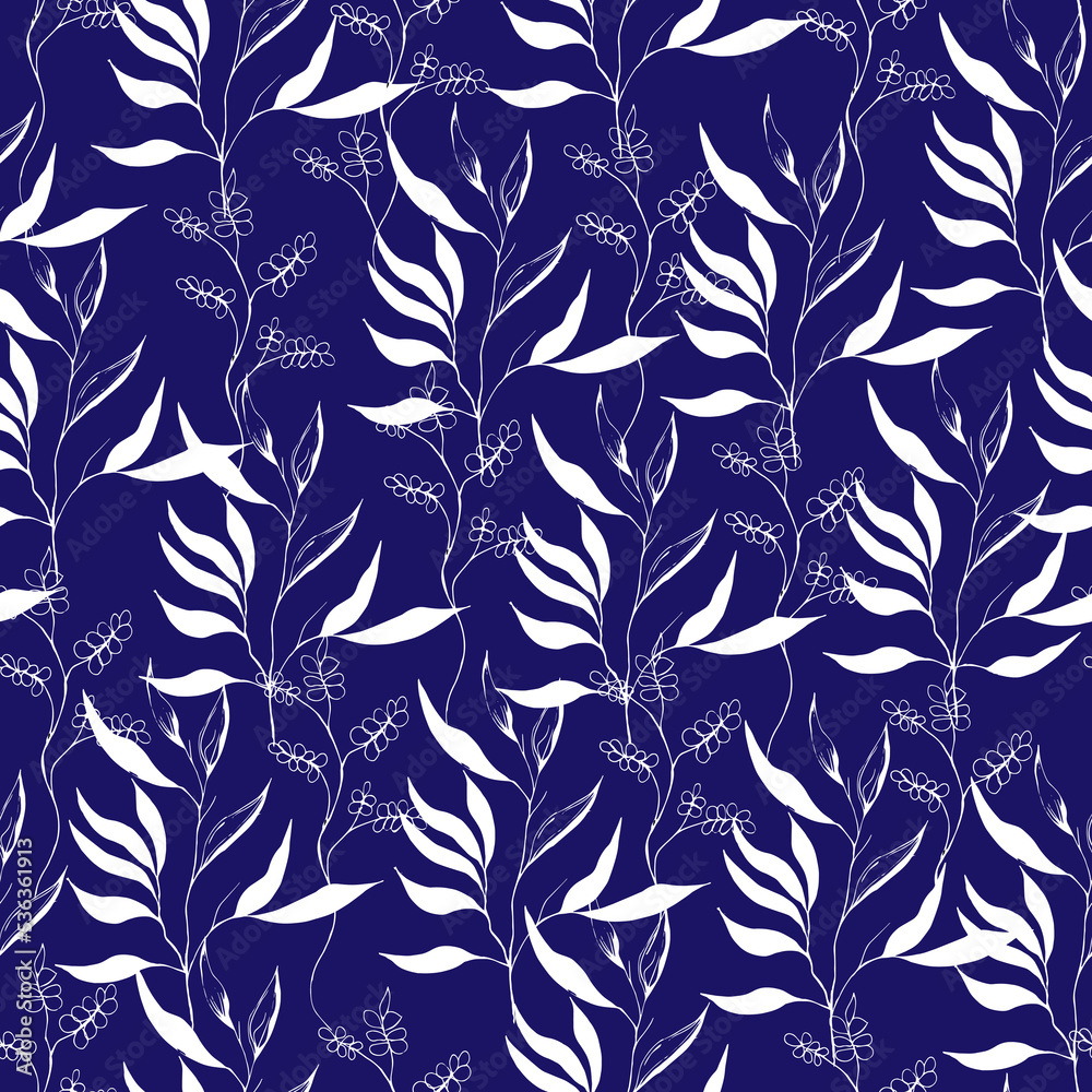 Fototapeta premium White leaves on a blue background seamless contrast floral print for fabric, paper