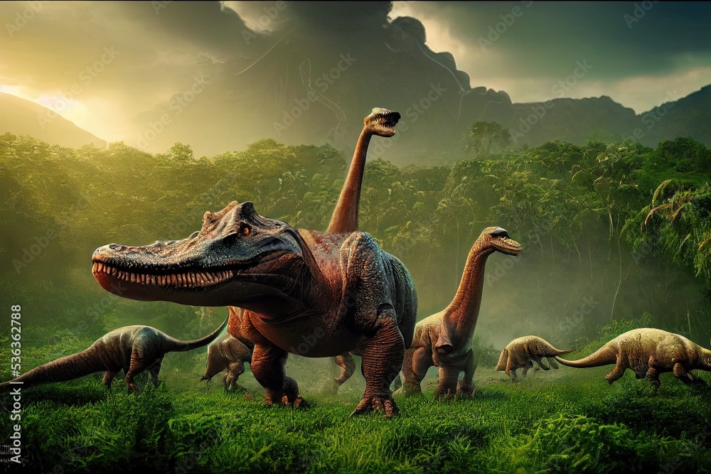 Fototapeta premium An ancient dinosaur park in which ancient dinosaurs are preserved in a natural environment and habitat. 3D rendering.