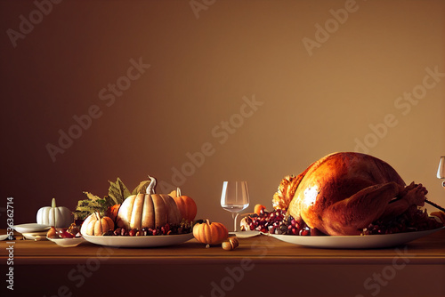 thanksgiving day turkey on a festive table decorated with candles, a set table, with pumpkins and festive food