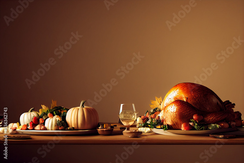 thanksgiving day turkey on a festive table decorated with candles, a set table, with pumpkins and festive food photo