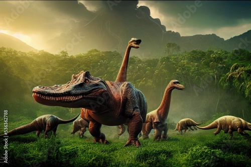 An ancient dinosaur park in which ancient dinosaurs are preserved in a natural environment and habitat. 3D rendering. © bennymarty
