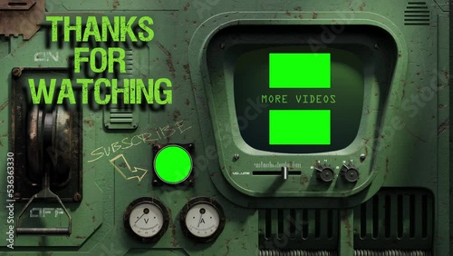 Youtube end screen. Animated Outro. Grunge industrial Theme. 3D Render SciFi dystopian battered metal Control Panel with blinking lights and moving volume slider.