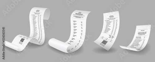 Payment check and receipts with shadows. Set of curved financial paper, purchase invoice. Buying, bill or calculate pay. Receipt the seller forms photo