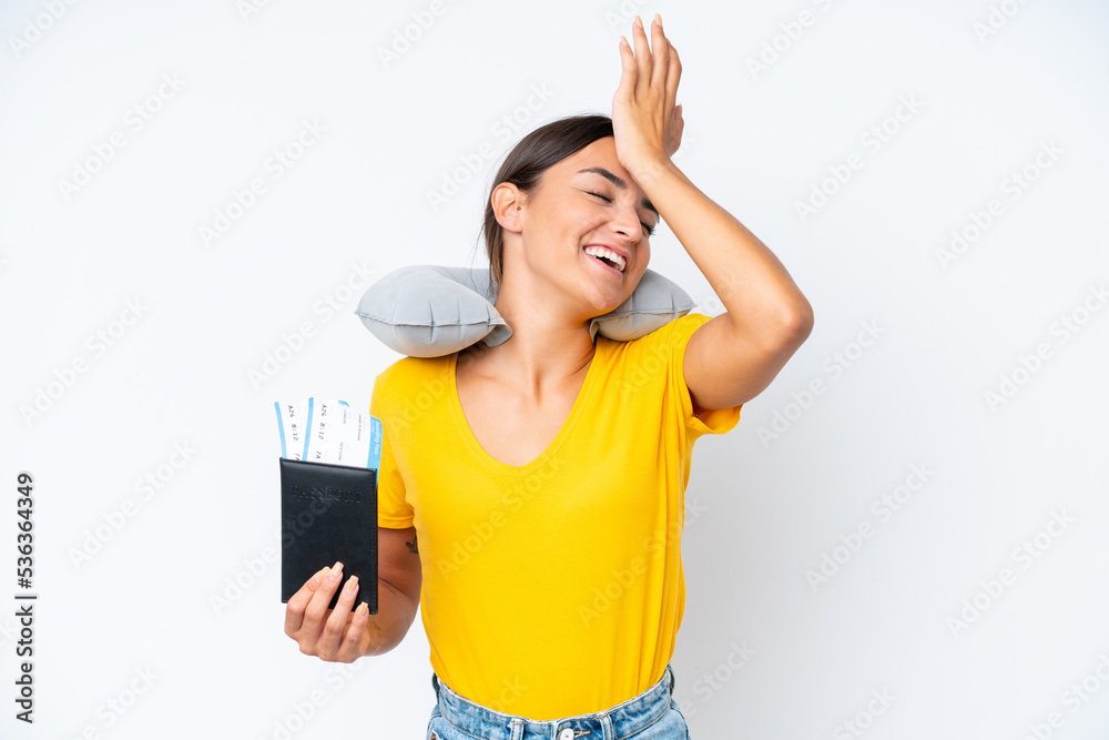 Woman with Inflatable Travel Pillow over isolated background has realized something and intending the solution Woman with Inflatable Travel Pillow over isolated background has realized something and intending the solution