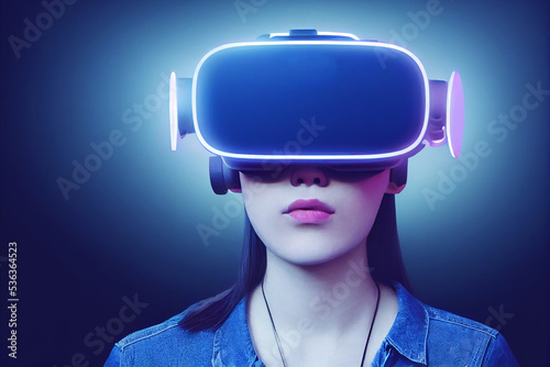 woman wearing virtual reality glasses VR headset, virtual reality, future technology concept. Asian woman using VR glasses in colorful neon lights © Melinda Nagy