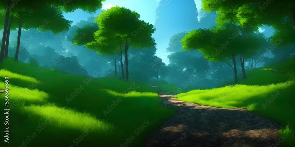 Fototapeta premium Beautiful landscape for printing. Walking path in the mountain forest.. High quality Illustration