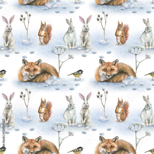 Beautiful seamless winter pattern with wild animals fox, squirrel, tit hare, snow with winter plants